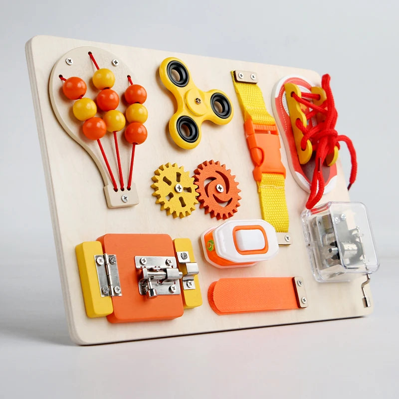 Busy board montgolfière Montessori – jouet sensoriel en bois