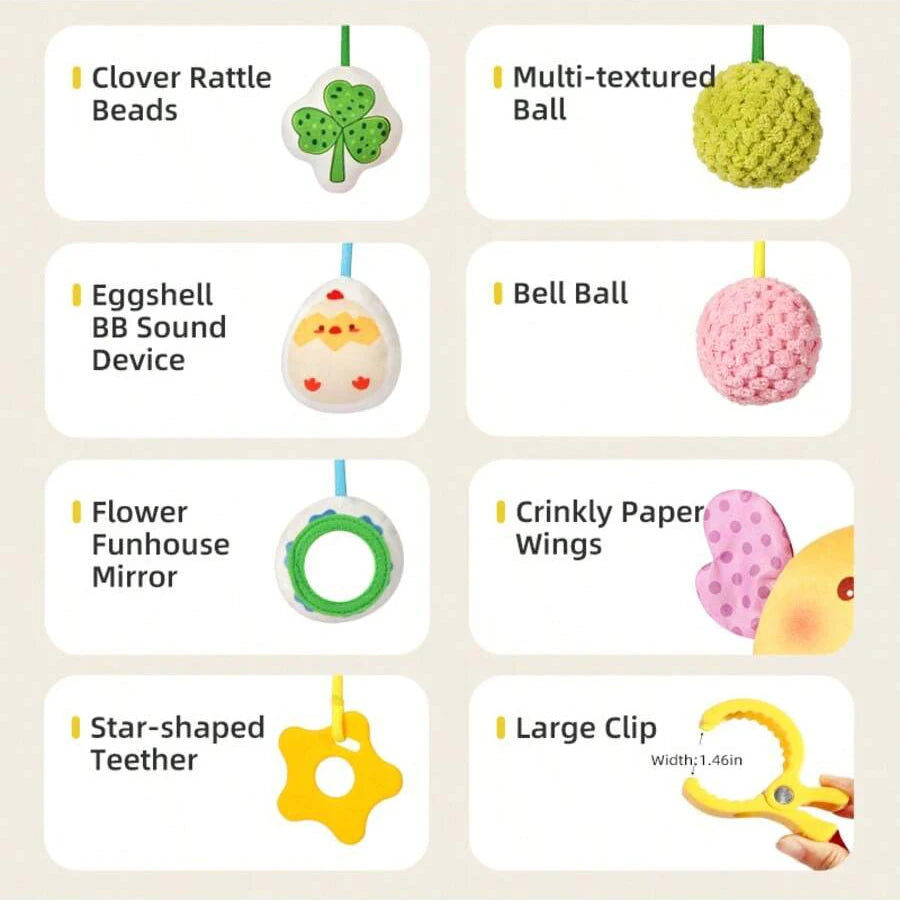 Pendentif musical suspendu pour lit de bébé avec hochet, jouet de dentition et sonnette, à cordon, à mâcher, motif dessin animé