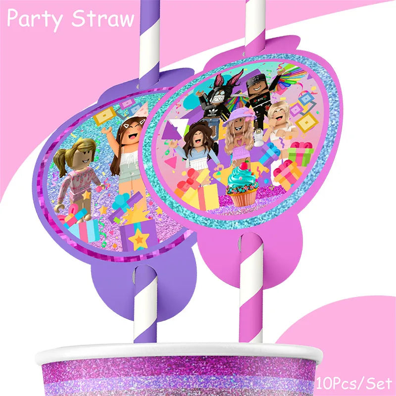 Décoration d'anniversaire Roblox fille – bannière et ballons rose/violet