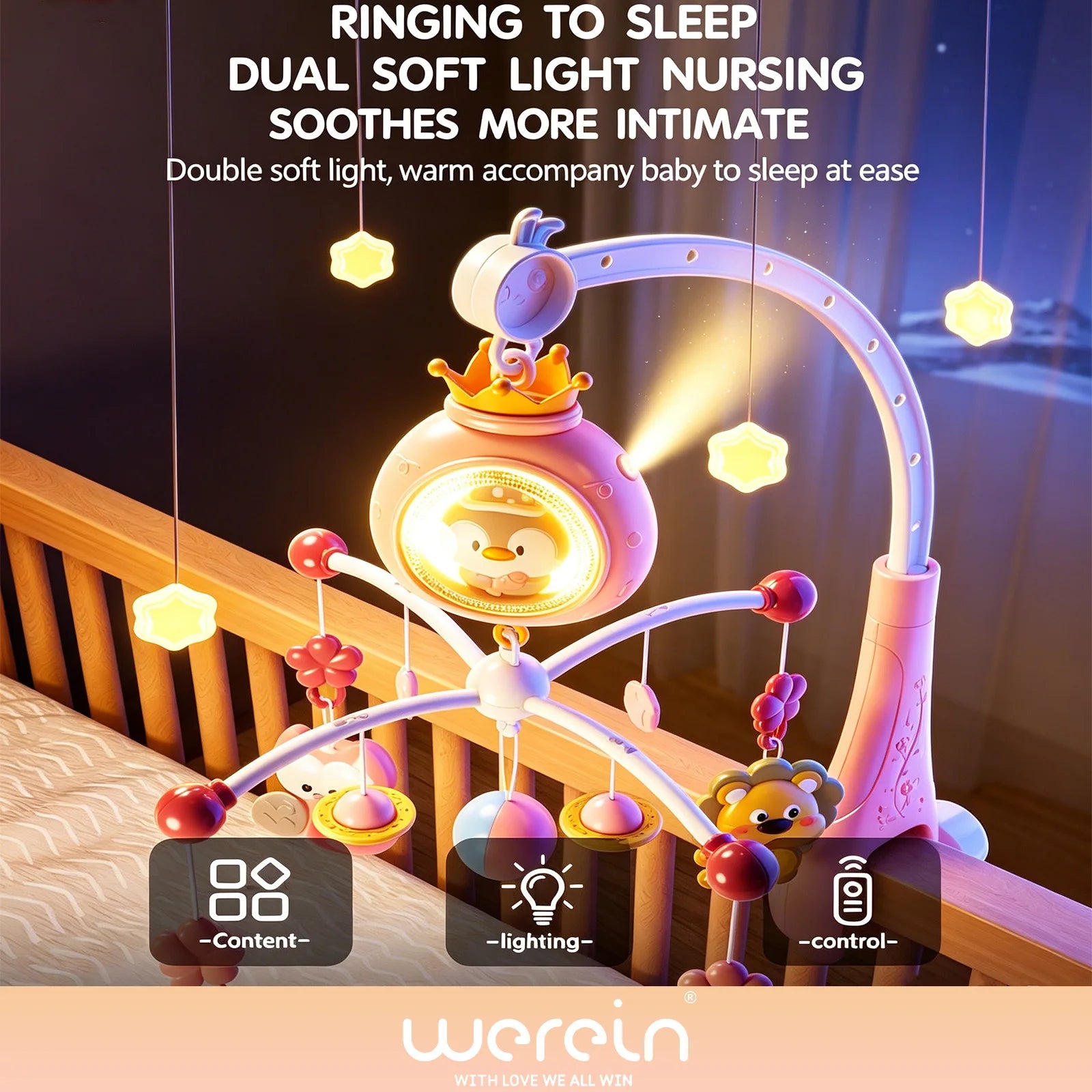 Mobile musical pour berceau de bébé Werein avec télécommande, projection, veilleuse douce, berceuse et jouet suspendu rotatif