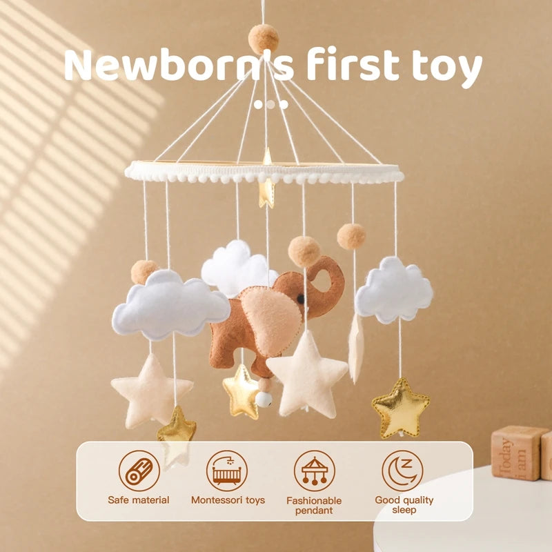 Mobile musical pour lit de bébé en bois, hochets en feutre doux, animaux de dessin animé, boîte à musique pour nouveau-né, jouet suspendu, support de lit, cadeaux pour bébé
