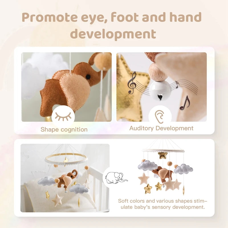 Mobile musical pour lit de bébé en bois, hochets en feutre doux, animaux de dessin animé, boîte à musique pour nouveau-né, jouet suspendu, support de lit, cadeaux pour bébé