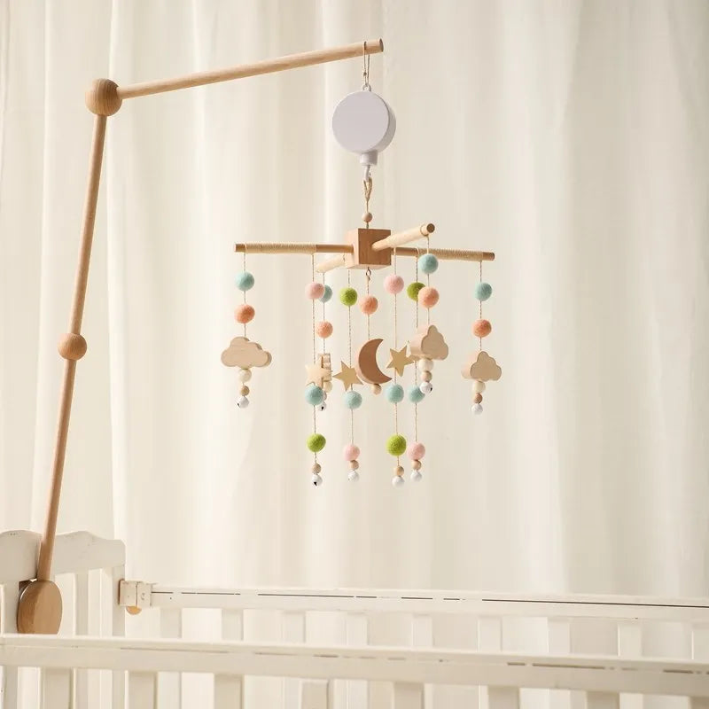 Mobile musical pour lit de bébé en bois, hochets en feutre doux, animaux de dessin animé, boîte à musique pour nouveau-né, jouet suspendu, support de lit, cadeaux pour bébé