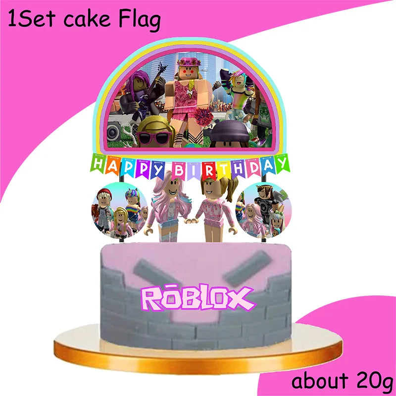 Décoration d'anniversaire Roblox fille – bannière et ballons rose/violet