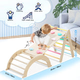 RainbowPeak 5-in-1 Montessori Baby Play Area – Wooden Climbing Triangle with Arch and Slide