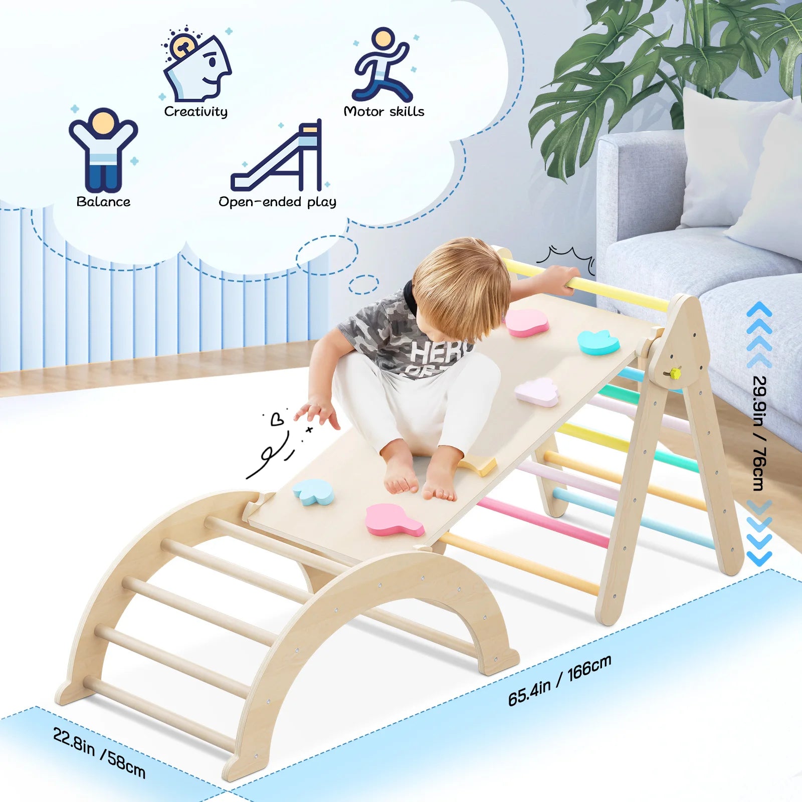 RainbowPeak 5-in-1 Montessori Baby Play Area – Wooden Climbing Triangle with Arch and Slide
