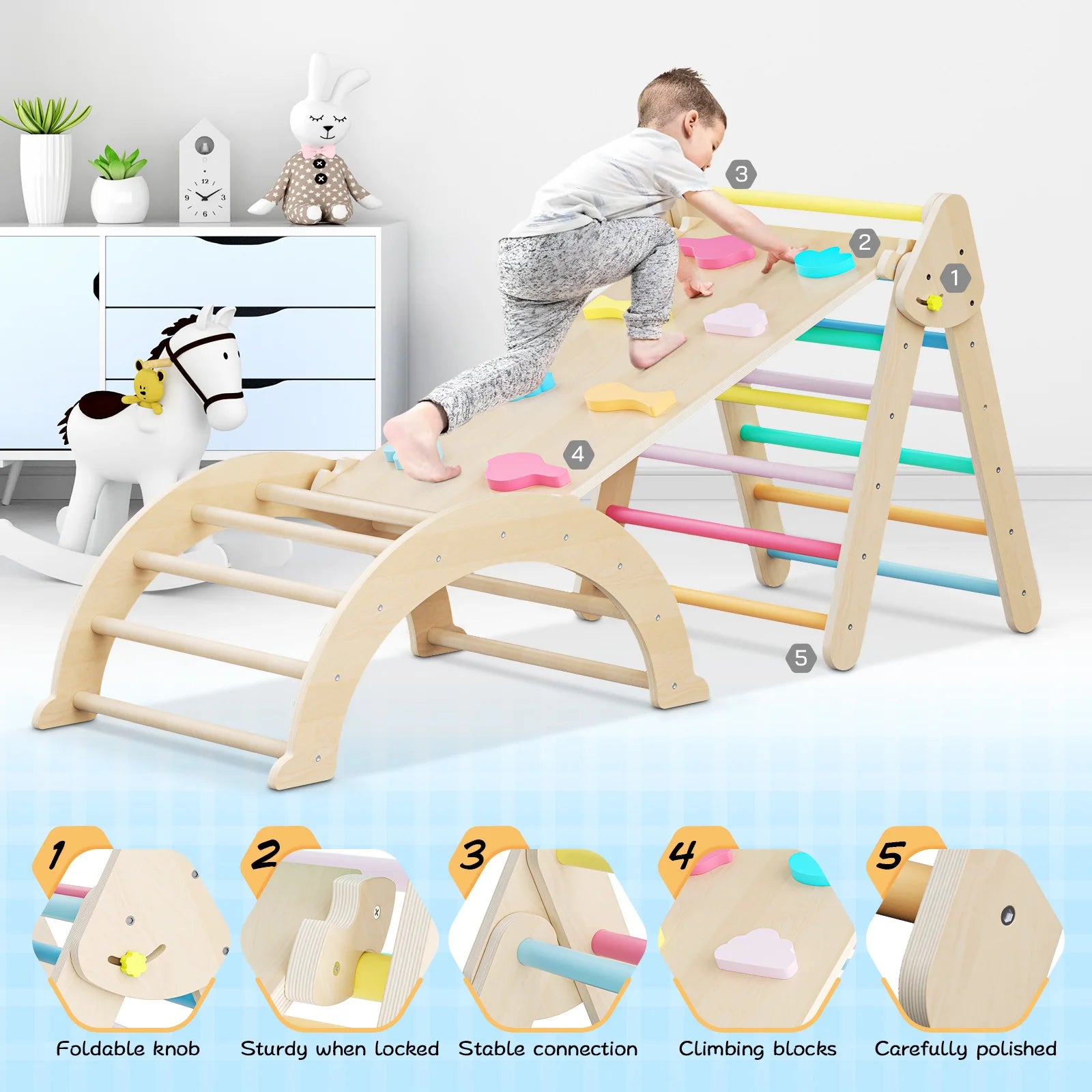 RainbowPeak 5-in-1 Montessori Baby Play Area – Wooden Climbing Triangle with Arch and Slide