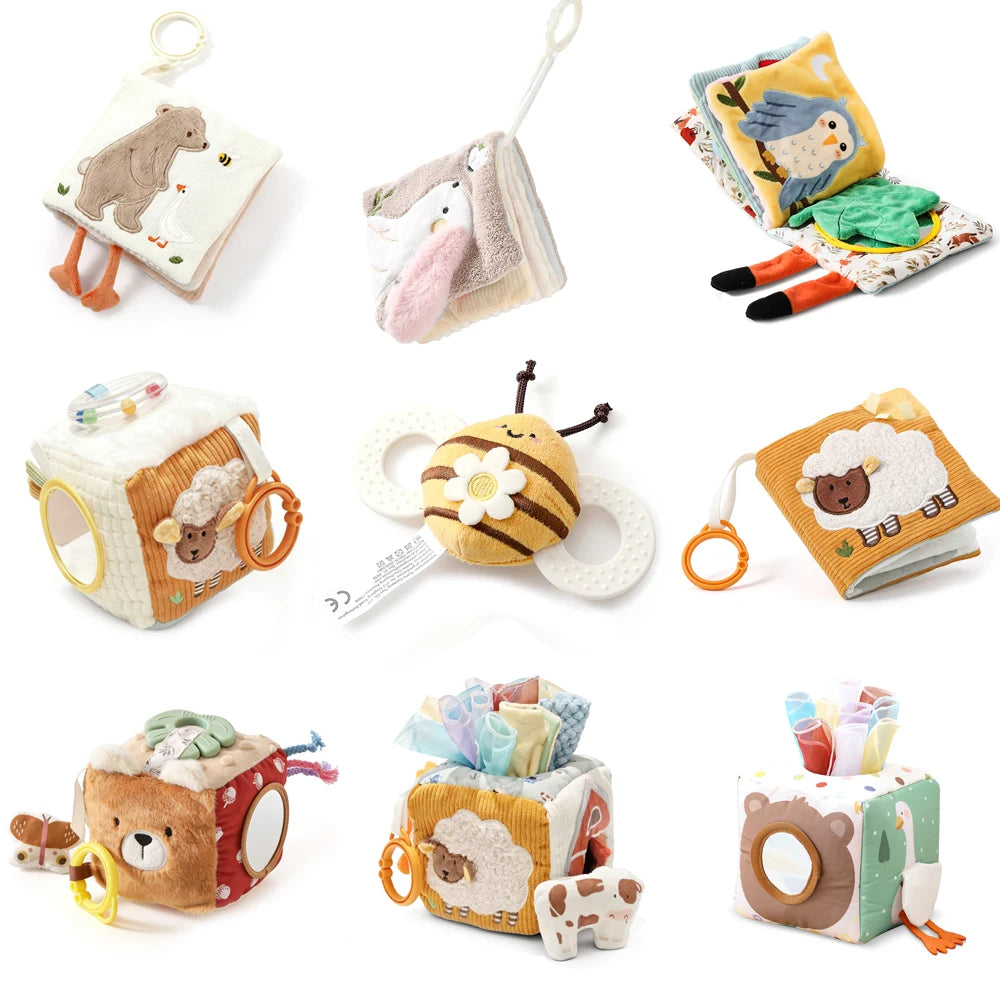 Jouet sensoriel doux pour bébé : livre en tissu, boîte à mouchoirs, couverture de sécurité, cube en peluche, sons froissés, miroir, développement de la motricité fine – 9 styles de jouets