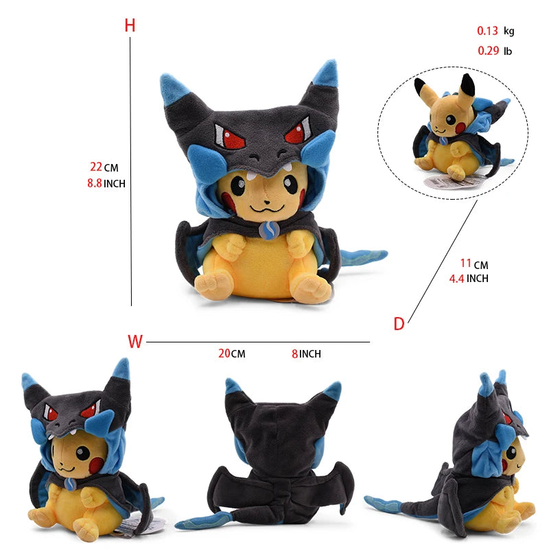 Peluche Pokémon Pikachu en cosplay (20-30 cm) – Évoli, Rayquaza, Dracaufeu