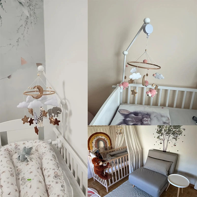 Hochet Mobile pour berceau de bébé de 0 à 12 mois, jouet en feutre de dessin animé, cloche de lit d'animal de forêt, support en bois suspendu, jouet Mobile pour nouveau-né