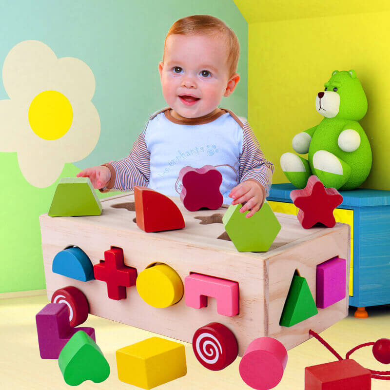 Montessori Wooden Shape Sorter & Pull Toy (16-Hole Cognitive Box)
