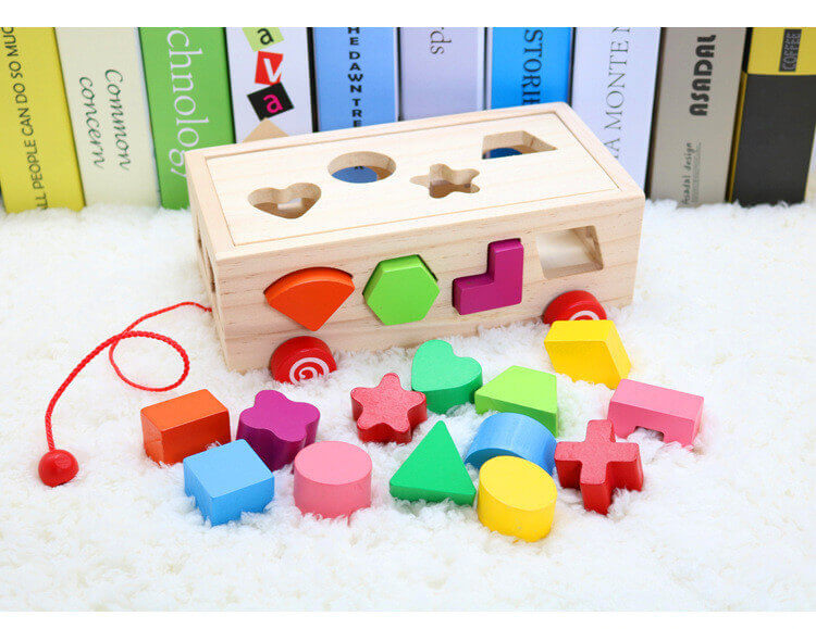 Montessori Wooden Shape Sorter & Pull Toy (16-Hole Cognitive Box)