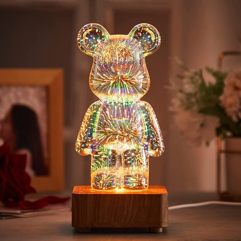3D Fireworks Glass Bear Night Light