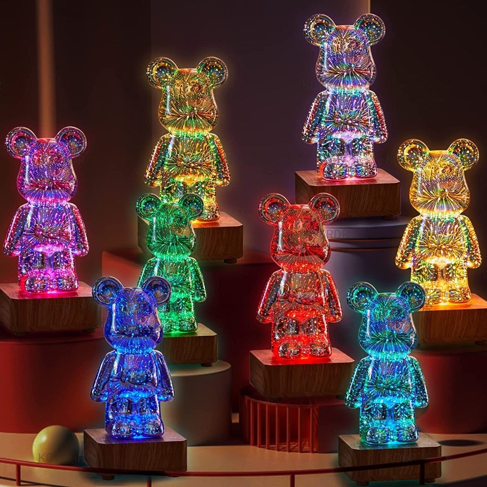 3D Fireworks Glass Bear Night Light