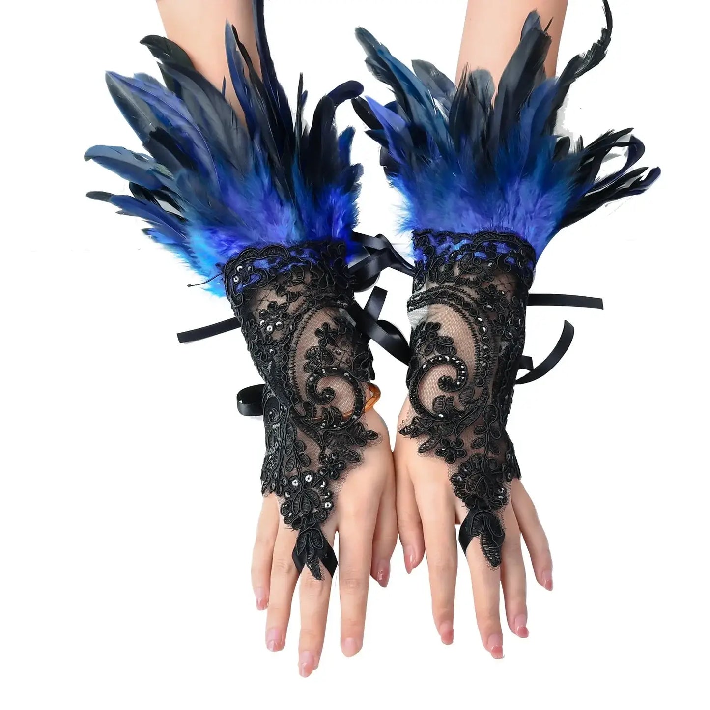 Mitaines élégantes en dentelle noire ornées de plumes bal bleues et noires pour bal masqué