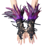 Gants en plumes bal masqué mitaines élégantes en dentelle noire avec plumes violettes et noires