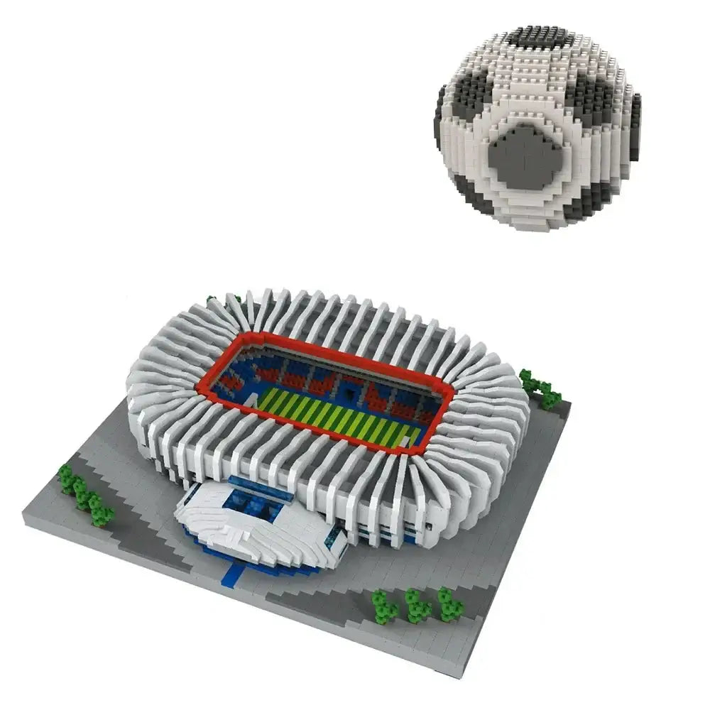 Modèle nanoblock ballon de foot stade en blanc avec accents rouges et bleus et terrain vert en pavé gris idéal déguisement carnaval