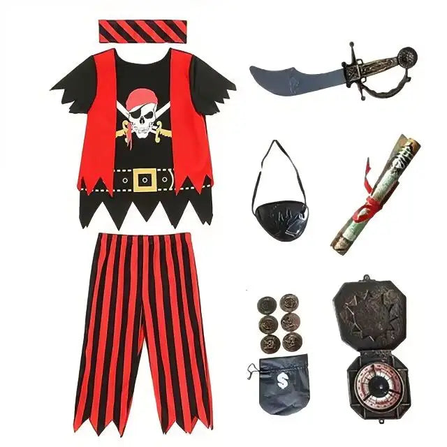 Ensemble accèssoires costume de pirate pour enfants avec tenue capitaine pirate rouge et noir et éléments identité pirate