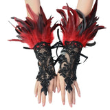 Mitaines élégantes en dentelle noire avec plumes rouges et noires scintillantes pour bal masqué plumes bal