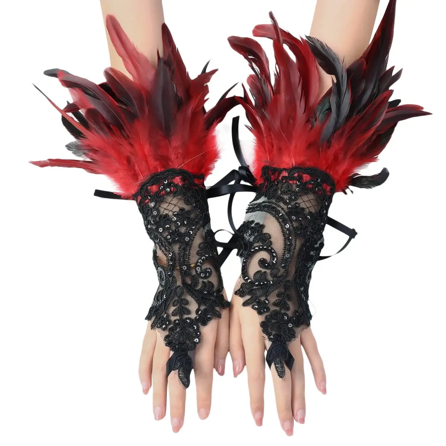 Mitaines élégantes en dentelle noire avec plumes rouges et noires scintillantes pour bal masqué plumes bal