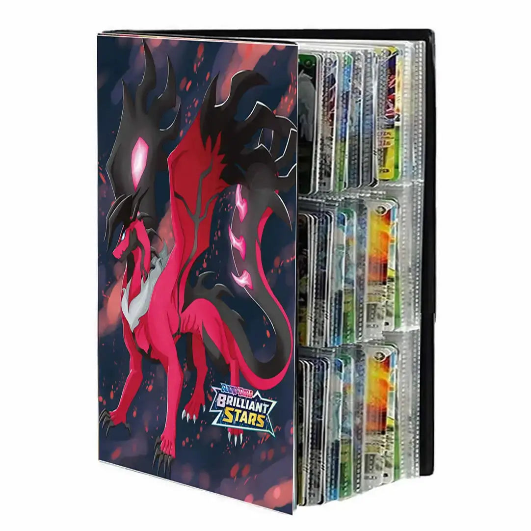 Album pour cartes pokémon noir et rouge avec illustration dynamique de dracaufeu à accents roses pour 540 cartes