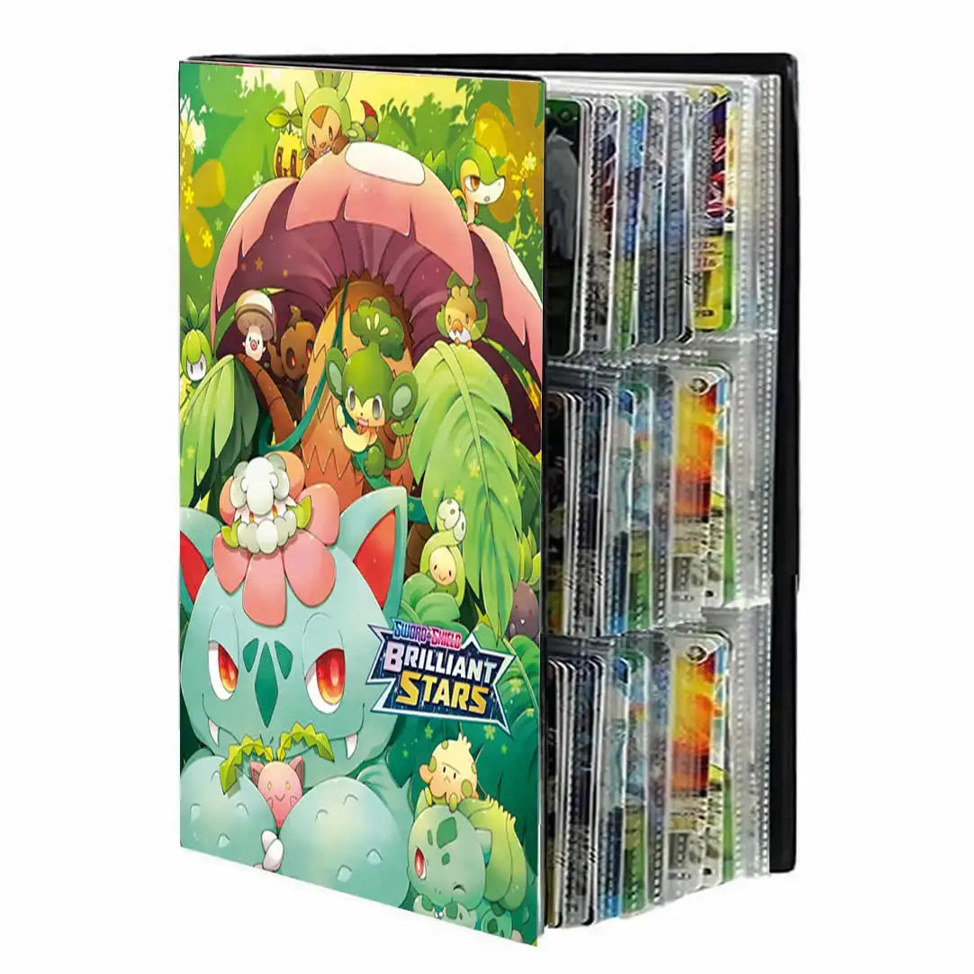 Album pour 540 cartes pokémon avec artwork vibrant vert et rose featuring bulbasaur ivysaur et venusaur en forêt