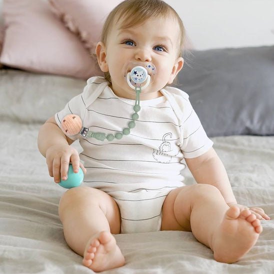 Teething ring and pacifier clip - Blue Grey Green