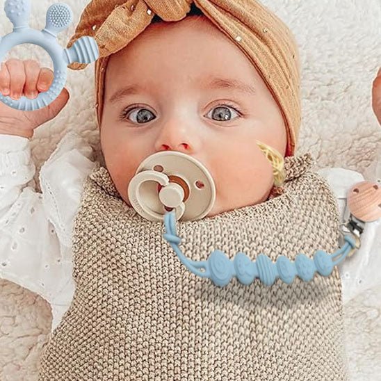 Teething ring and pacifier clip - Blue Grey Green