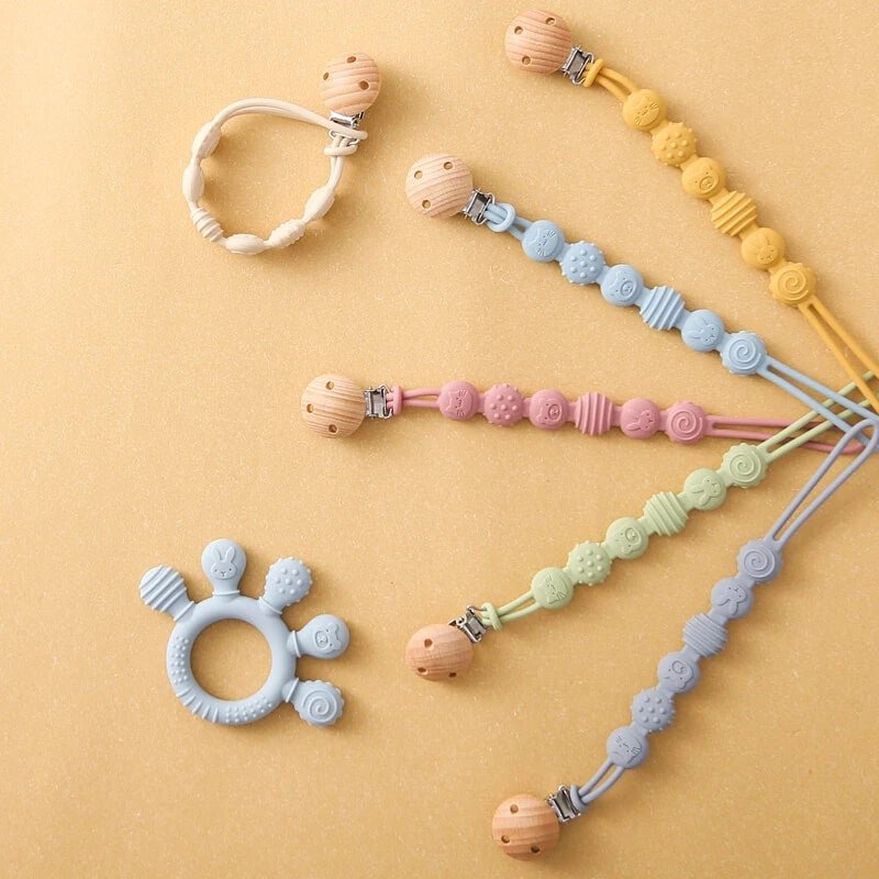 Teething ring and pacifier clip - Blue Grey Green