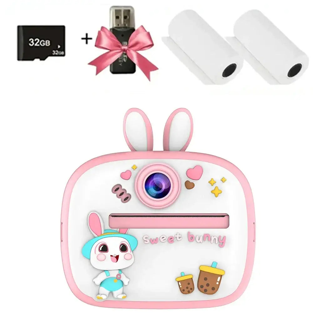 Appareil photo instantané sweet bunny rose et blanc avec oreilles de lapin, stickers décoratifs et personnage cartoon