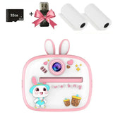 Appareil photo instantané sweet bunny rose et blanc avec oreilles de lapin, stickers décoratifs et personnage cartoon