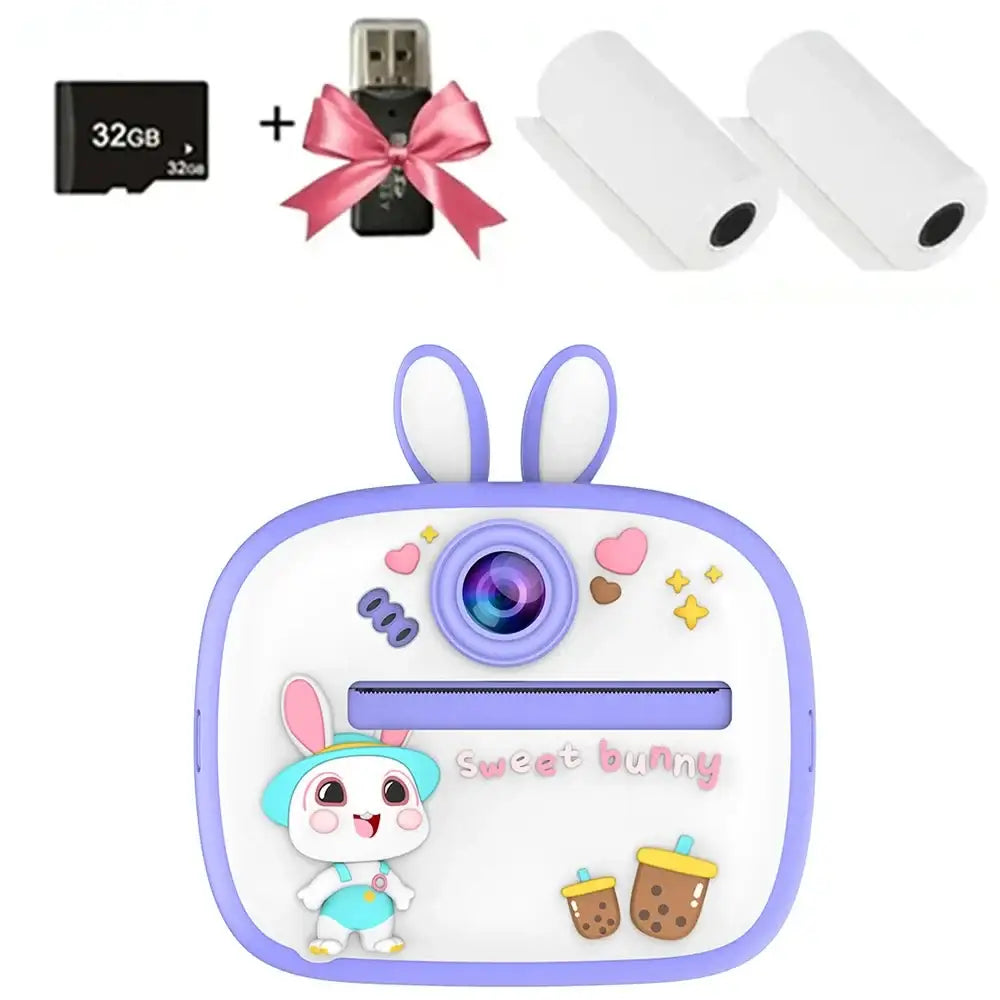 Appareil photo instantané pour enfant violet et blanc avec oreilles de lapin et personnage lapin mignon sweet bunny