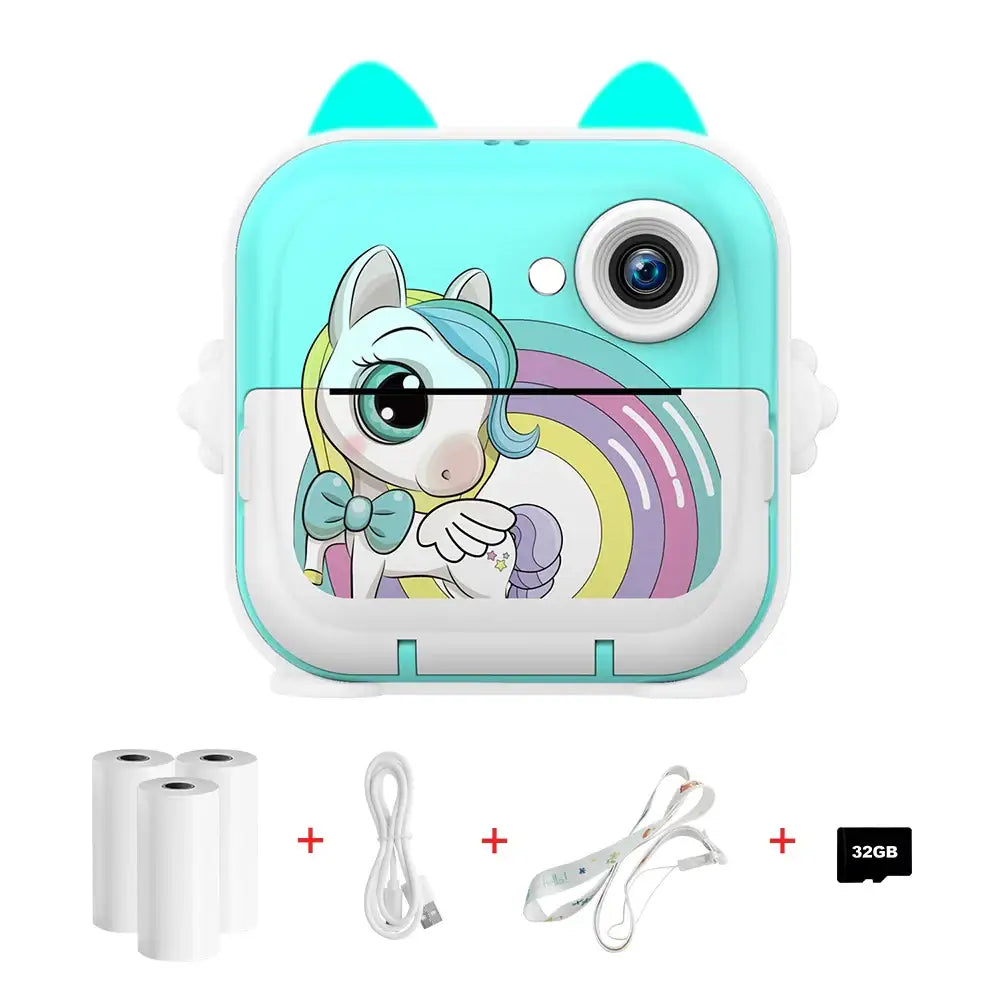 Appareil photo licorne turquoise et blanc avec impression instantanée et design arc-en-ciel pour expression artistique