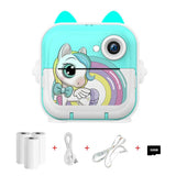 Appareil photo licorne turquoise et blanc avec impression instantanée et design arc-en-ciel pour expression artistique