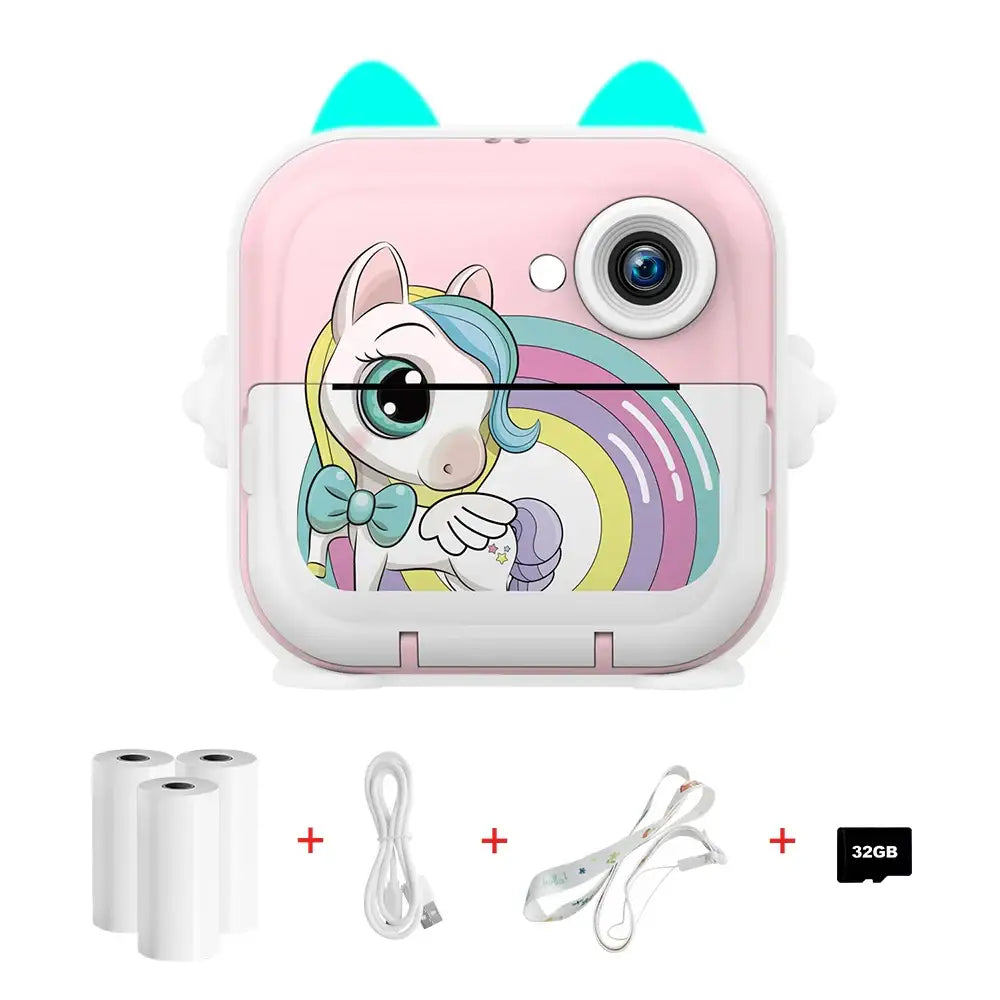 Appareil photo licorne pour enfants rose et blanc avec oreilles turquoise, impression instantanée et expression artistique colorée
