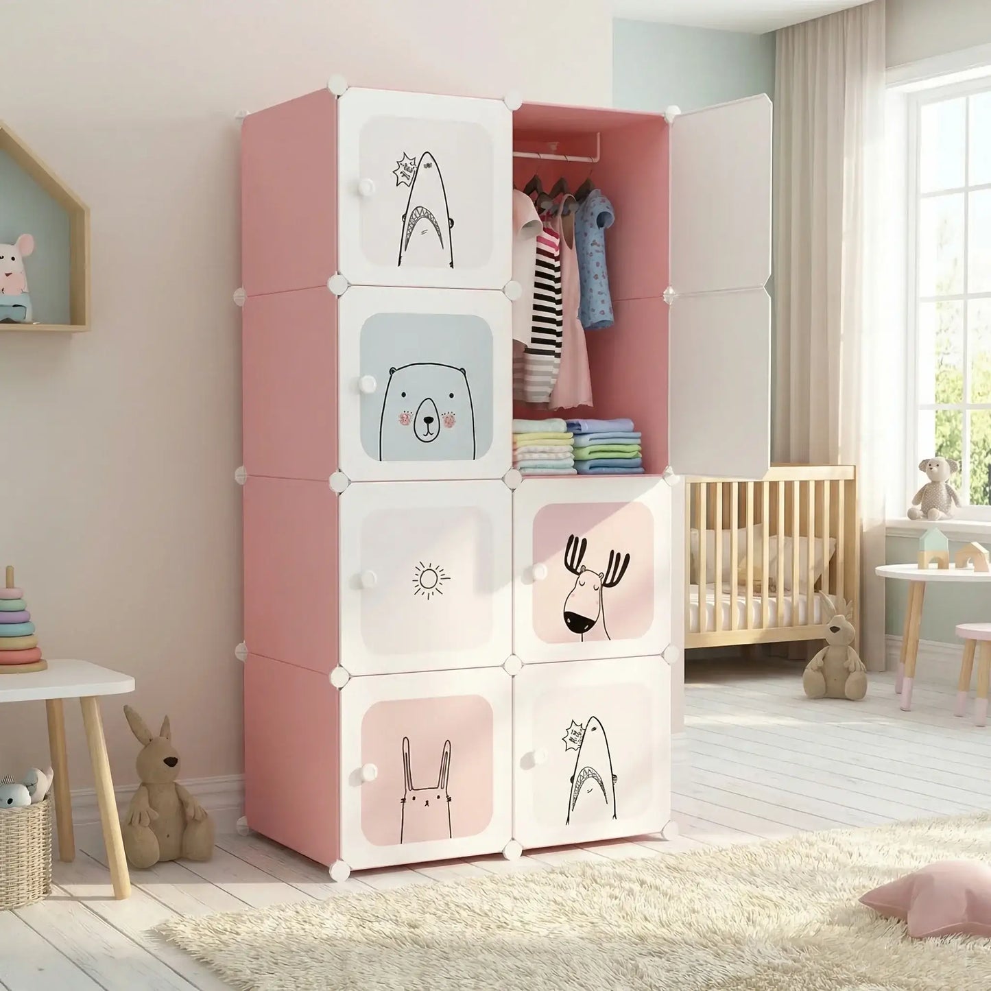 Armoire enfant verticale modulable rose et blanche avec portes à décors animaux pour rangement enfant