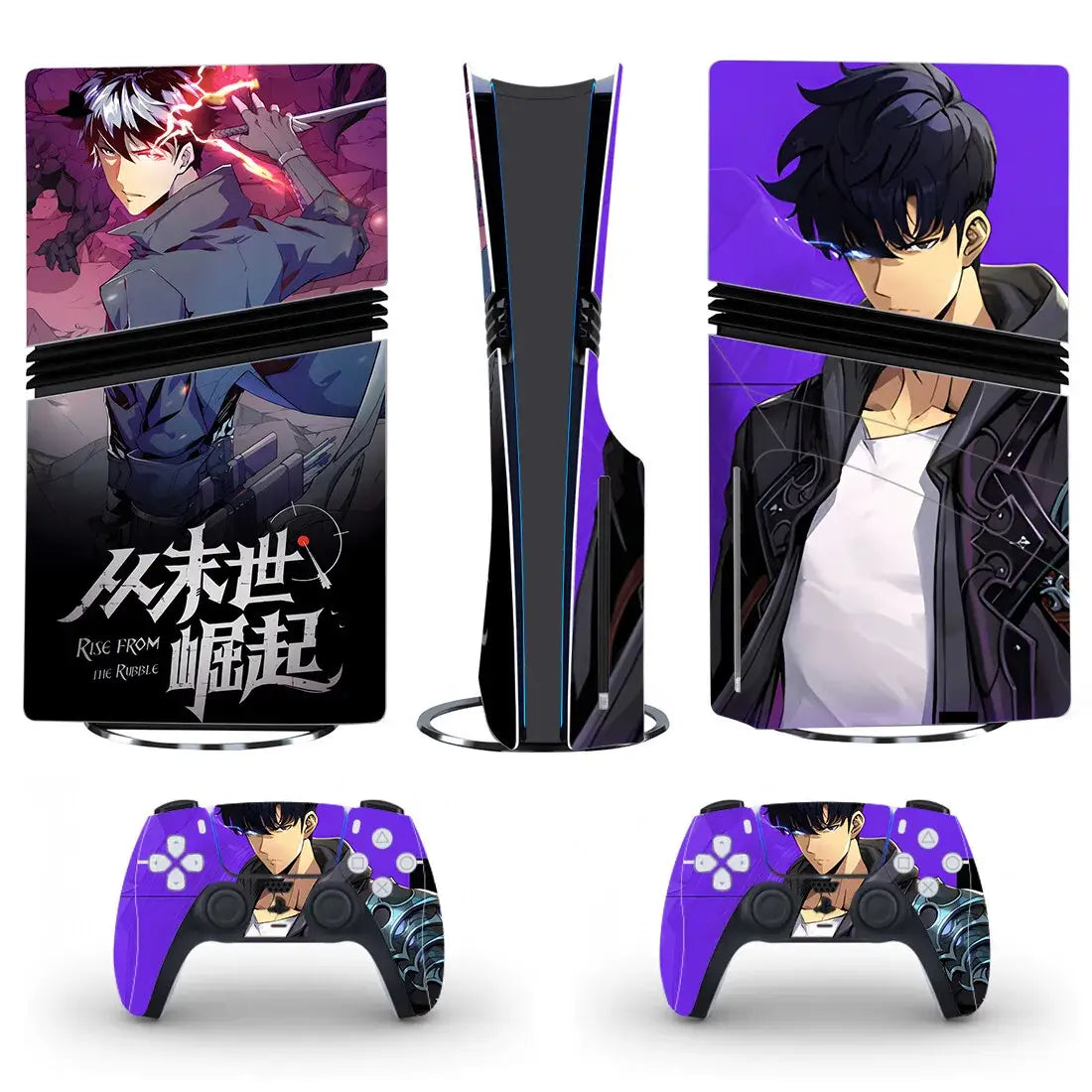 Autocollant ps5 pro noir et violet avec design anime solo leveling rise from the ruins pour console et manettes playstation 5
