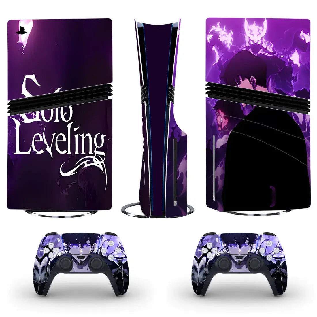 Autocollant ps5 pro solo leveling violet et noir avec artwork anime pour console et manettes playstation 5 pro disc