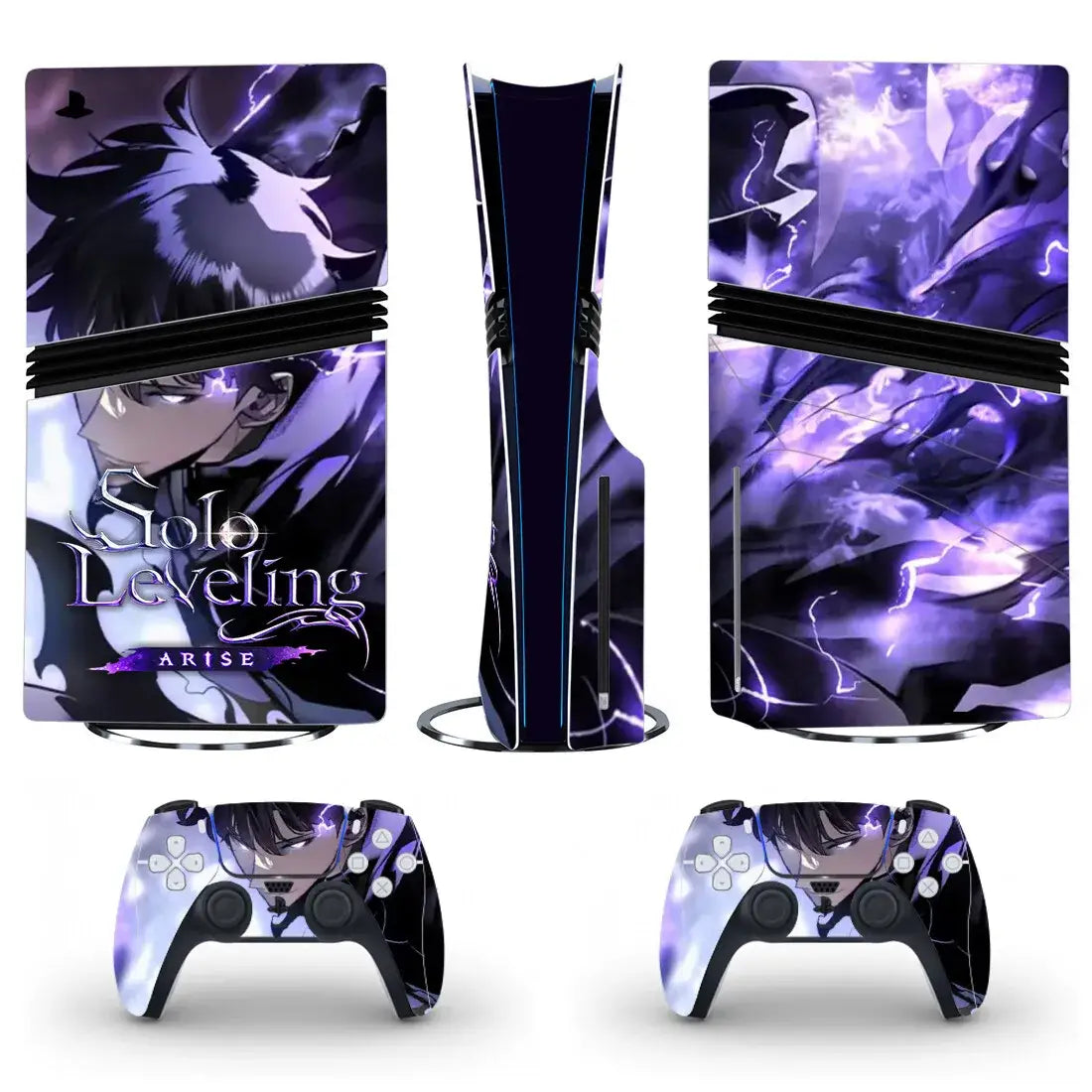 Console playstation 5 pro disc avec autocollant ps5 pro solo leveling arise violet et noir et manettes dualsense décorées anime