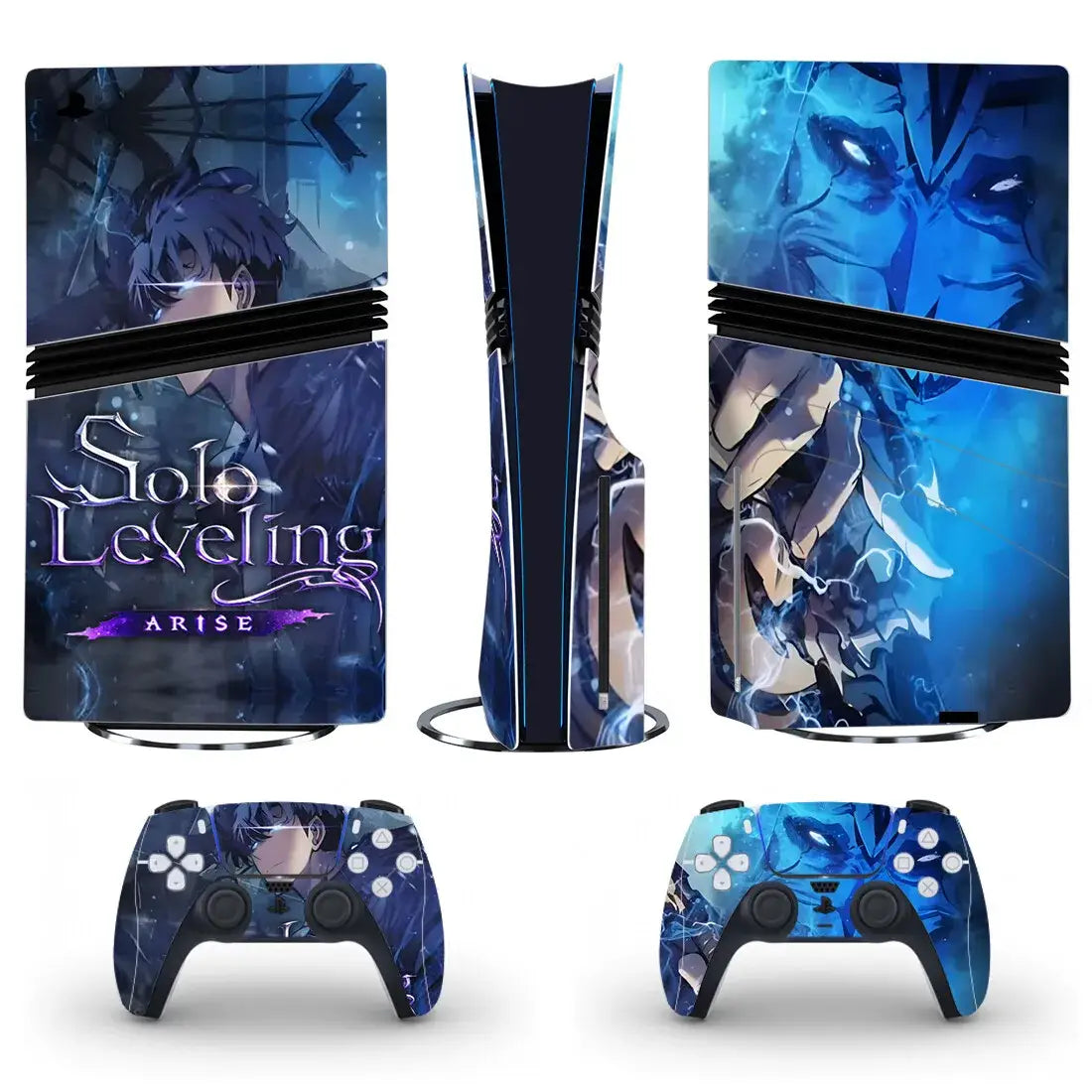 Console ps5 pro disc bleu et noir avec autocollant ps5 pro solo leveling et manettes dualsense à artwork anime