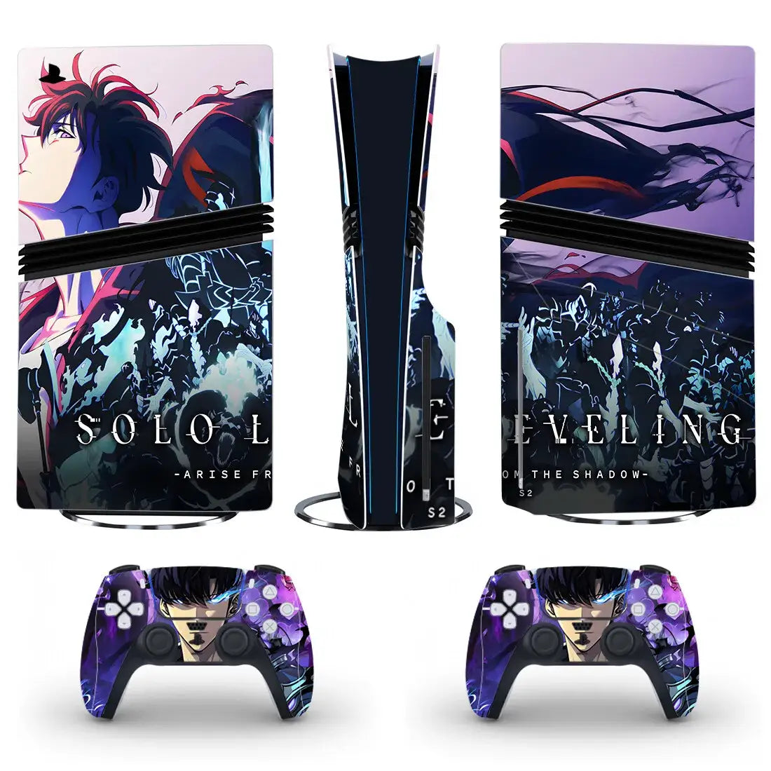 Autocollant ps5 pro solo leveling avec motifs violets noirs et bleus sur console playstation 5 et manettes dualsense
