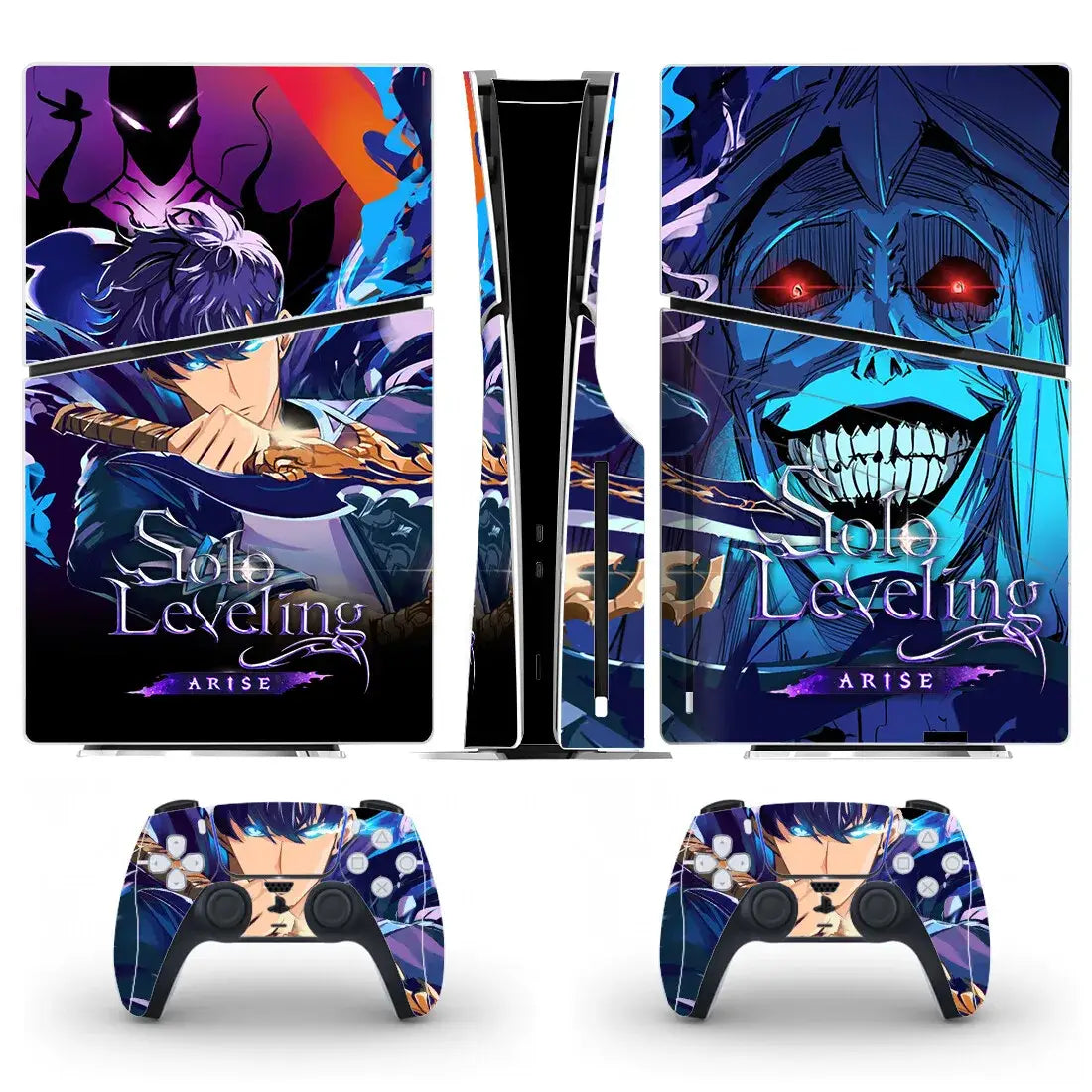 Vibrant blue and purple solo leveling arise vinyl autocollant ps5 slim disc set for console and dualsense controllers
