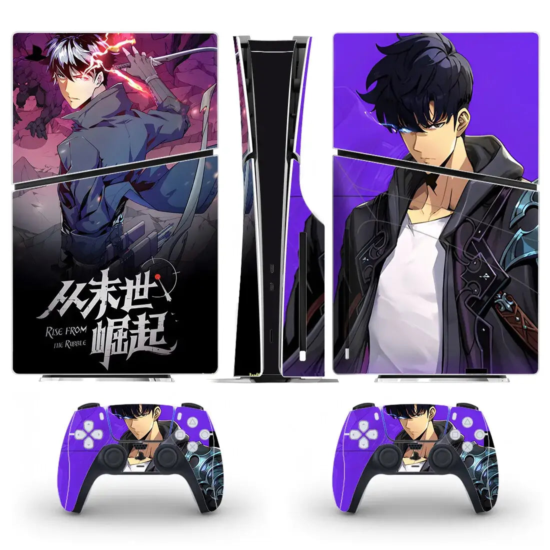 Autocollant ps5 slim disc solo leveling violet et noir avec artwork anime et skins manette assortis