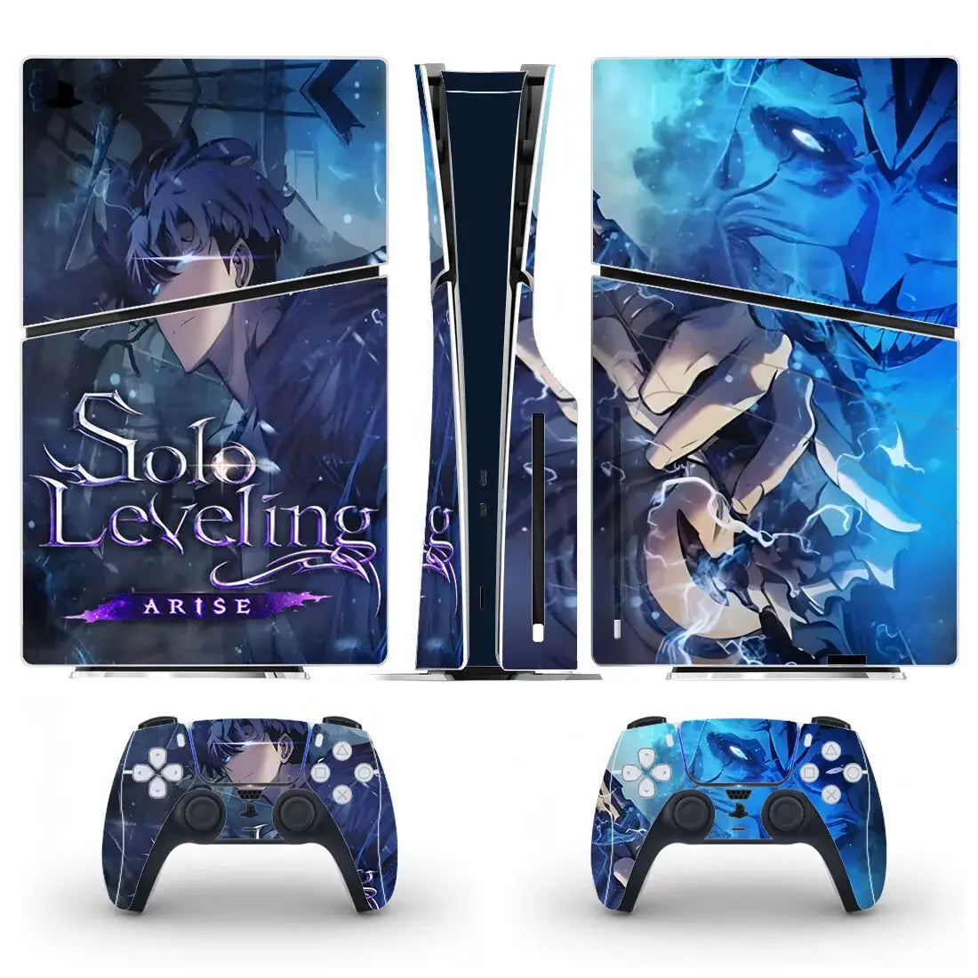 Console ps5 slim disc avec autocollant ps5 slim solo leveling arise bleu et violet et manettes dualsense anime