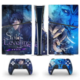 Console ps5 slim disc avec autocollant ps5 slim solo leveling arise bleu et violet et manettes dualsense anime