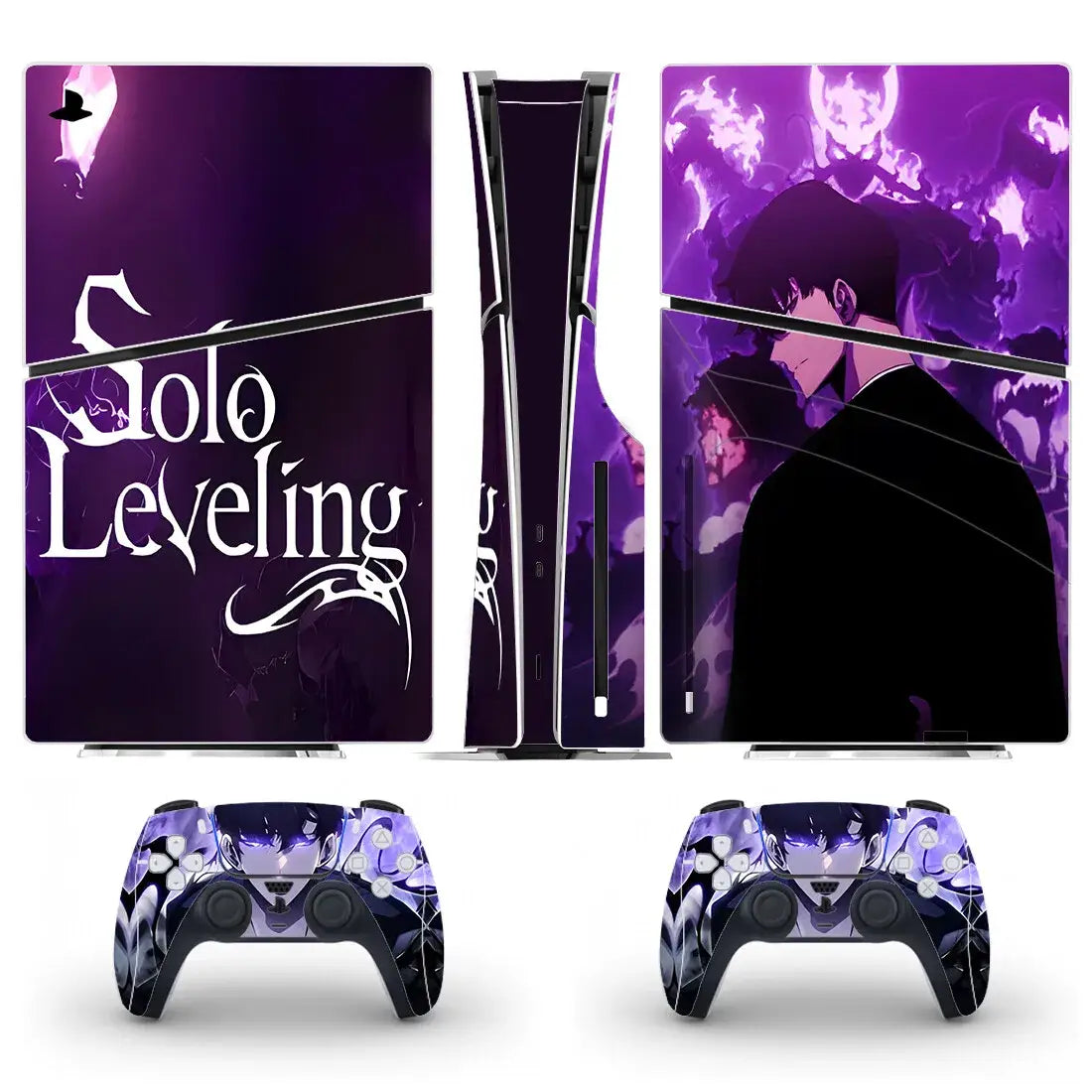 Autocollant ps5 slim solo leveling violet et noir avec illustration anime personnage sur fond feu violet