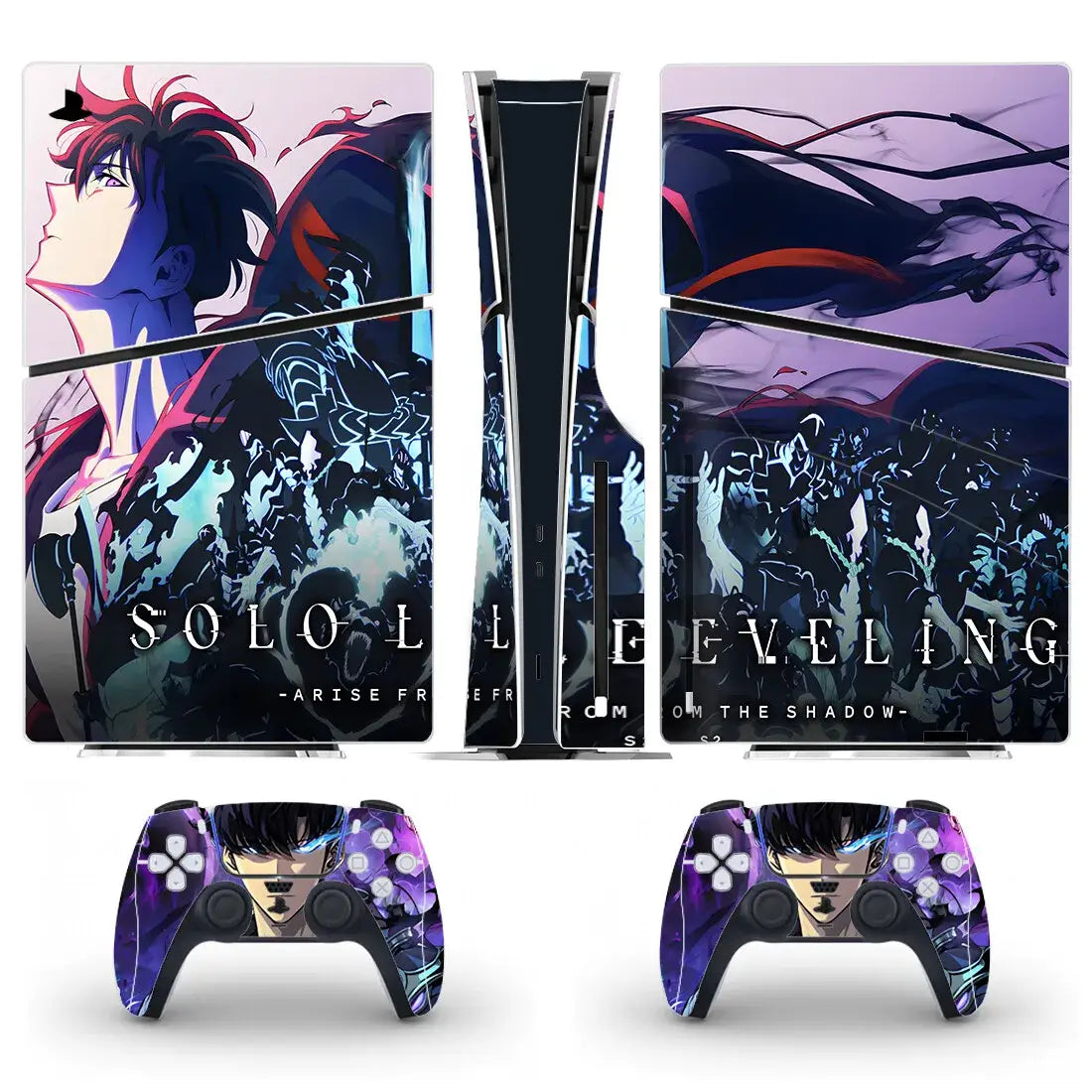 Autocollant ps5 slim purple et noir avec artwork solo leveling pour console ps5 et manettes assorties