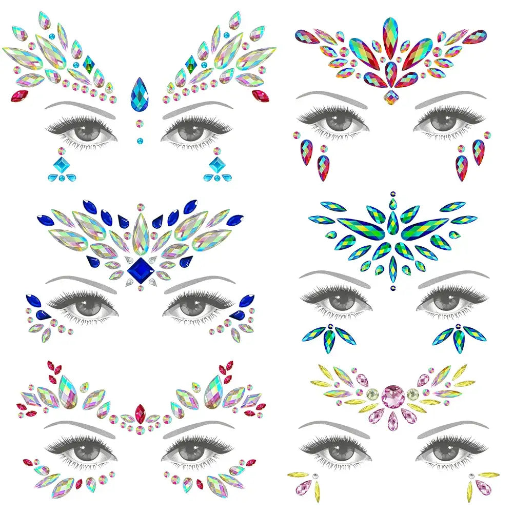Autocollants visage pierres précieuses iridescents en cristaux scintillants multicolores et formes variées pour maquillage festif