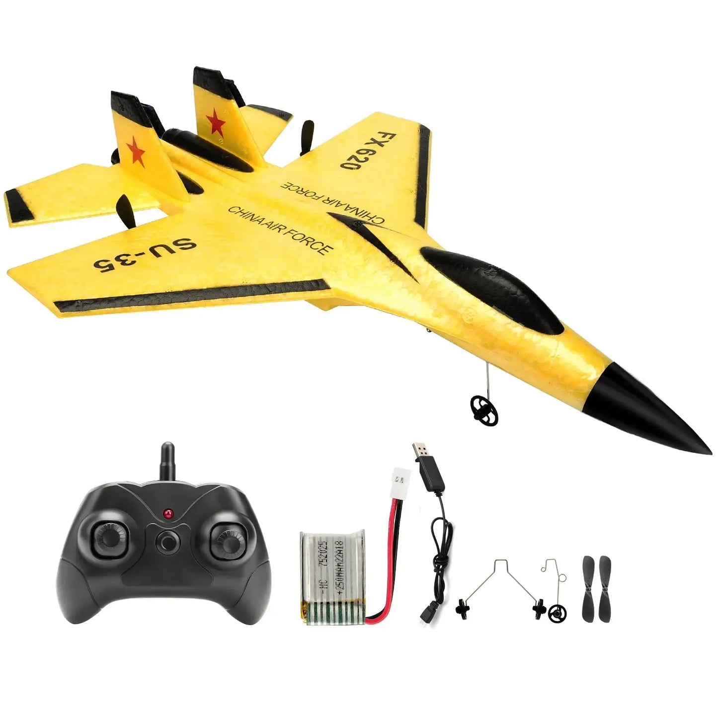 Avion télécommandé mini drone su-35 jaune et noir avec finition brillante et batterie lipo prêt à voler en mousse epp