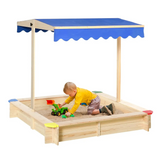 Bac à sable bois avec couvercle, structure en bois, toit bleu et coins colorés, idéal pour magasins de jouets